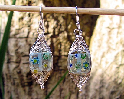 herringbone weave & millefiori cube earrings