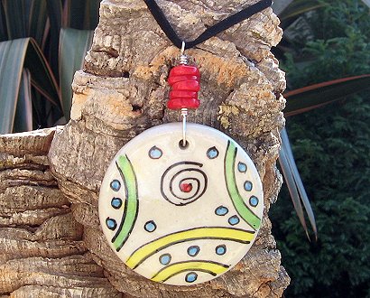 round ceramic pendant & red jasper gemstones