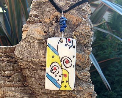 oblong ceramic pendant & lapis lazuli gemstones